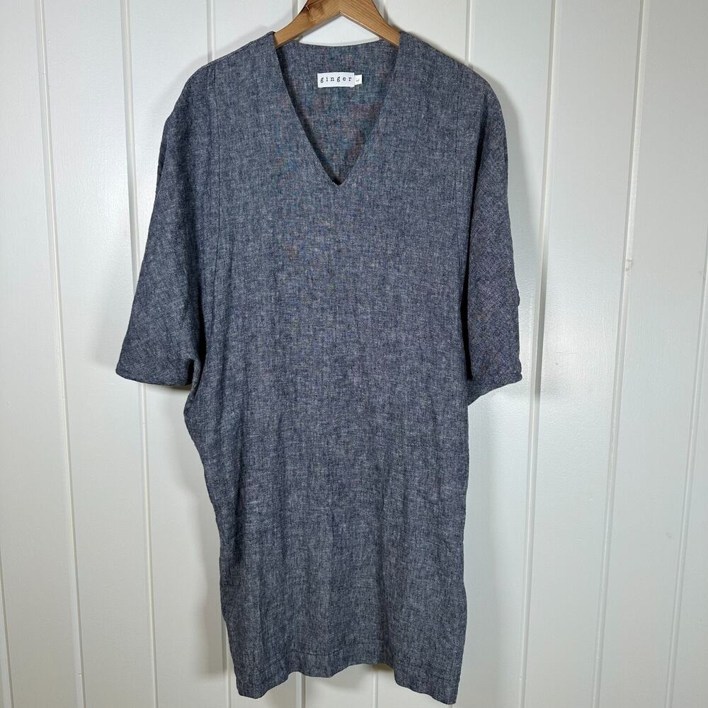 Ginger Dress Large Blue California Linen‎ Rayon Caftan Tunic Lagenlook USA Made